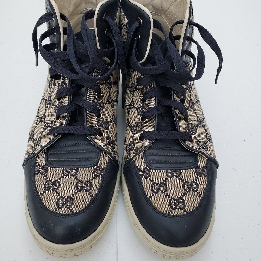 Gucci Navy Leather Trimmed Hi Top Sneakers